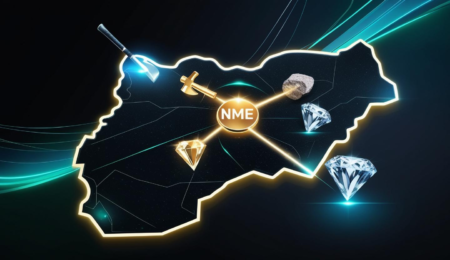 NME is the digital gateway uniting miners, investors, and decision-makers across Nigeria’s mineral landscape. High-tech digital map of Nigeria with glowing mineral icons linking to a central NME hub, representing industry-wide connection and access.