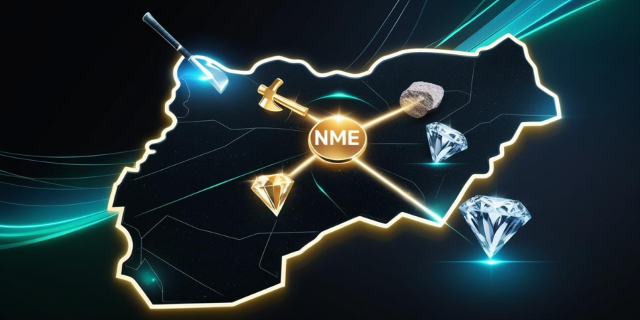 NME is the digital gateway uniting miners, investors, and decision-makers across Nigeria’s mineral landscape. High-tech digital map of Nigeria with glowing mineral icons linking to a central NME hub, representing industry-wide connection and access.
