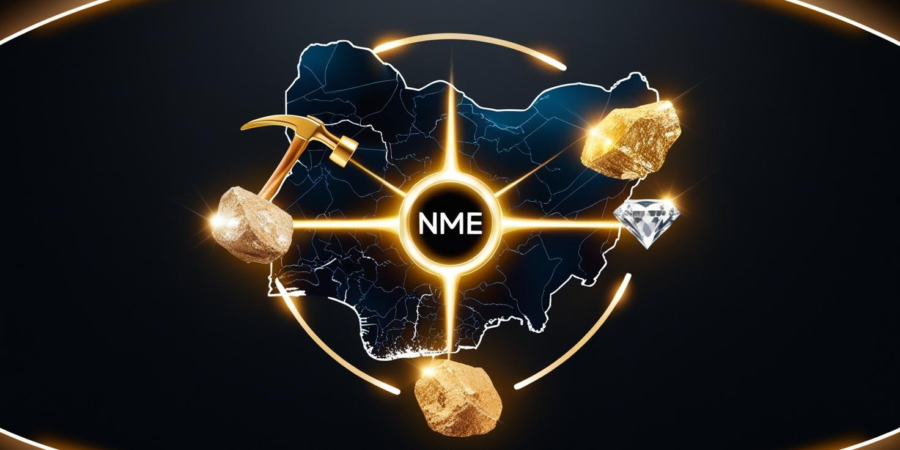 A digital map of Nigeria connected to mining icons and the NME hub, symbolizing the central role of the Nigerian Mineral Exchange in the mining industry.