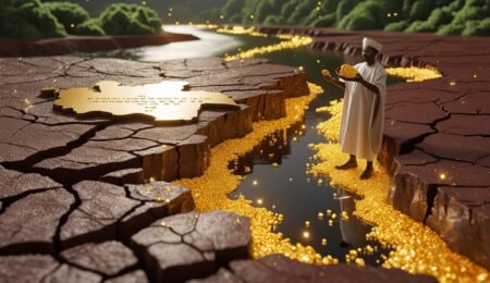 Gold mining in Nigeria: Hidden riches beneath our lands—discover where and how gold is found across Nigerian states. Image of Nigerian land revealing underground gold nuggets with a local landowner holding a gold nugget and pan, symbolizing gold discovery in Nigeria.