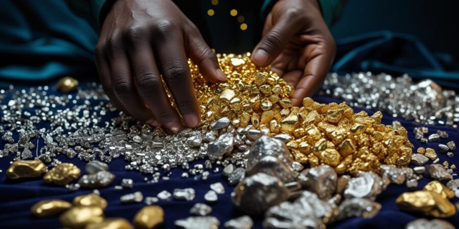Hand separating gold, silver, palladium, and platinum after refining in Nigeria, illustrating the high value of precious metal byproducts.