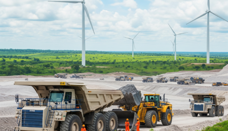 Unearthing Nigeria's green gold: a vibrant glimpse into the future of lithium mining in Nigeria, powering global innovation and economic prosperity. Modern lithium mining operation in Nigeria with green landscapes and wind turbines
