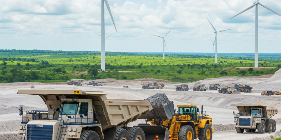Modern lithium mining operation in Nigeria with green landscapes and wind turbines