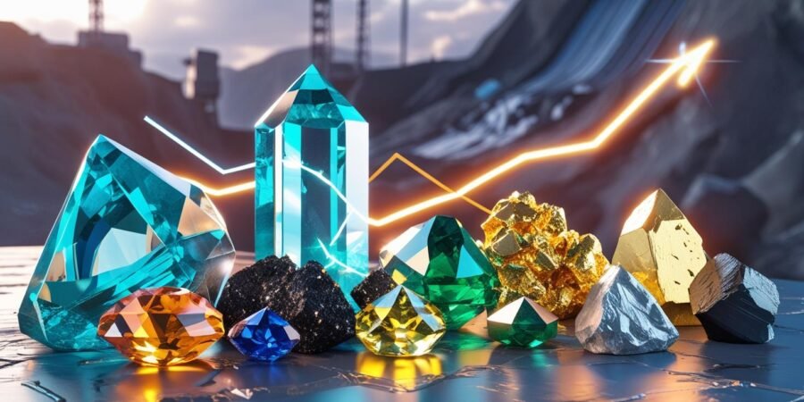A 3D render of sparkling mineral crystals with upward-trending lines, symbolizing Nigeria's solid mineral sector growth and national economic development.