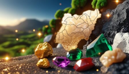 Unearthing the treasures: A visual representation of Nigeria's abundant and diverse mineral resources across its top producing states. An image depicting a lush Nigerian landscape blending with an arrangement of gleaming raw minerals like a gold nugget, lithium crystal, jasper, and limestone, symbolizing Nigeria's vast mineral wealth.