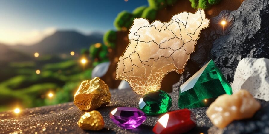 An image depicting a lush Nigerian landscape blending with an arrangement of gleaming raw minerals like a gold nugget, lithium crystal, jasper, and limestone, symbolizing Nigeria's vast mineral wealth.