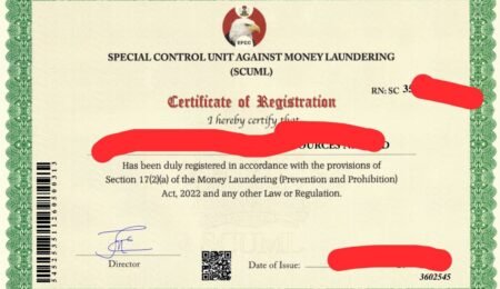 A sample SCUML certificate - mandatory for Nigerian companies to operate a corporate bank account Sample SCUML certificate required for companies to open a bank account in Nigeria