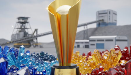 Recognizing Excellence: The Solid Minerals Excellence Awards (SOMEA) aim to celebrate innovation, responsible practices, and sustainability in Nigeria's mining sector. A sparkling 3D golden trophy emerging from colorful mineral crystals, symbolizing innovation and responsible mining in Nigeria.