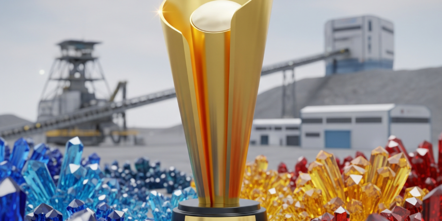 Recognizing Excellence: The Solid Minerals Excellence Awards (SOMEA) aim to celebrate innovation, responsible practices, and sustainability in Nigeria's mining sector. A sparkling 3D golden trophy emerging from colorful mineral crystals, symbolizing innovation and responsible mining in Nigeria.