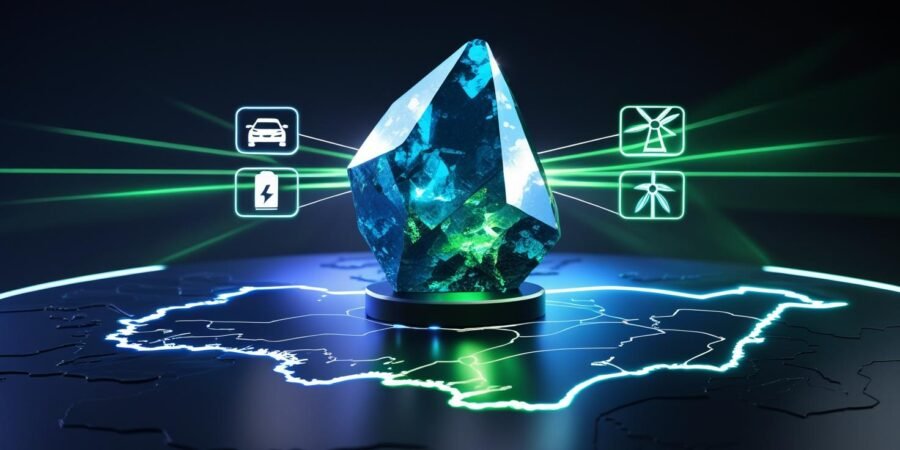 Unlocking global innovation: A rare earth mineral crystal from Nigeria projects light to key technologies, highlighting the nation's pivotal role in supplying critical elements for electric vehicles, renewable energy, and modern electronics. A sparkling rare earth mineral crystal on a sleek surface with Nigeria's map, emanating light to icons of an EV, wind turbine, and smartphone, symbolizing Nigeria's key role in global tech.
