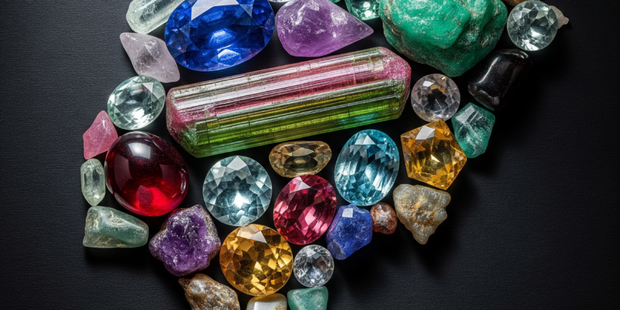 A map of hidden treasures: A visual representation of Nigeria's rich and diverse gemstone deposits, from tourmaline to sapphire. An artistic, overhead photograph of various rough and polished Nigerian gemstones, including emerald, sapphire, tourmaline, and garnet, arranged to form the shape of the map of Nigeria on a dark background.
