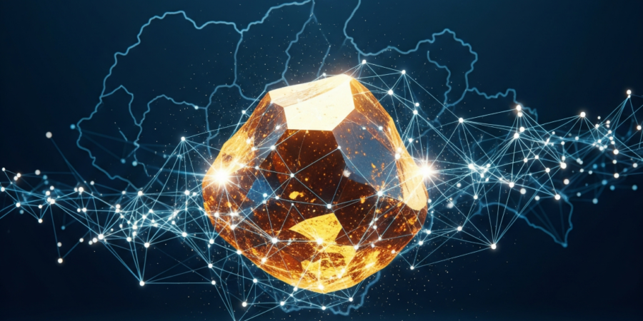 A sleek, modern graphic showing a sparkling gold nugget with digital lines and a stylized map of Kaduna State, Nigeria. It represents technology and investment in the state's mining industry.