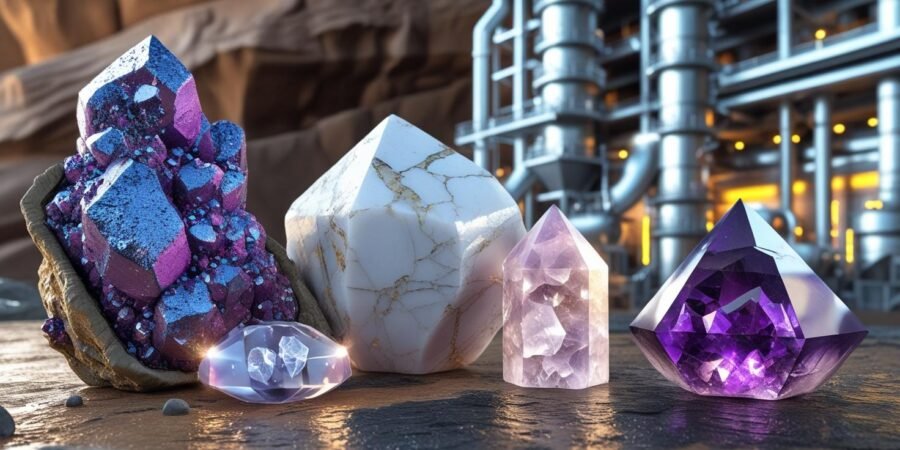 High-resolution image showing unprocessed lithium ore, polished marble, barite, and amethyst geode in the foreground, with a modern mineral processing plant subtly blended in the background, symbolizing Nasarawa State's mining wealth and value addition.