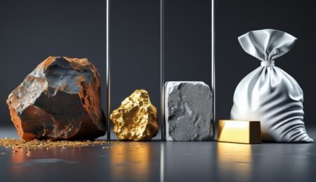 The stark contrast between raw minerals and refined products visually represents the N3 trillion opportunity in Nigeria's mining sector. Investing in local processing transforms these raw materials into high-value industrial goods. A split image showing the transformation of raw materials into finished products. On the left, raw iron ore, limestone, and a gold-bearing rock. On the right, the refined products: a steel beam, a bag of cement, and a solid gold bar, representing the value-added opportunity in Nigeria's mineral processing industry.