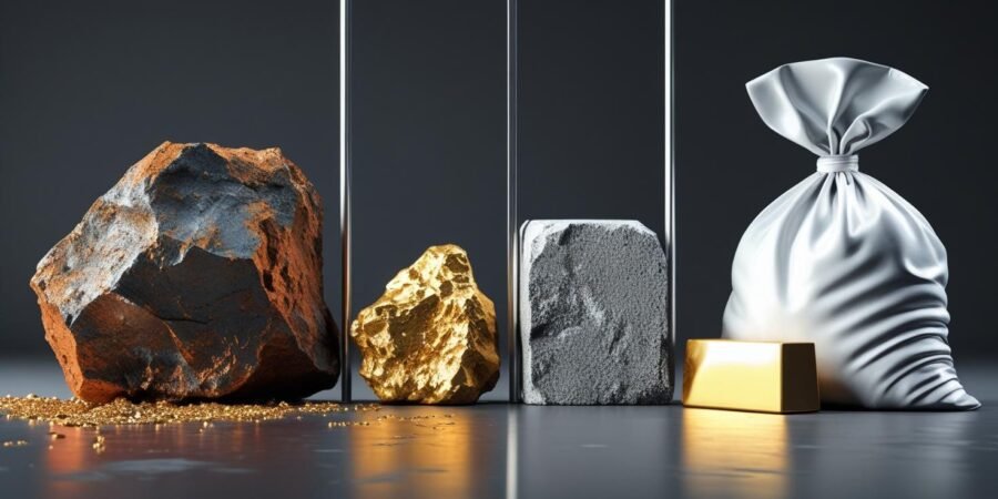 A split image showing the transformation of raw materials into finished products. On the left, raw iron ore, limestone, and a gold-bearing rock. On the right, the refined products: a steel beam, a bag of cement, and a solid gold bar, representing the value-added opportunity in Nigeria's mineral processing industry.
