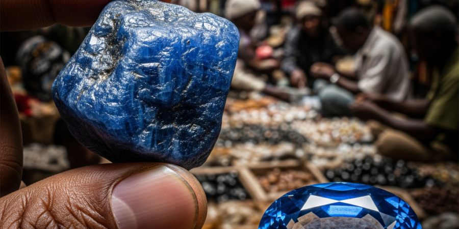 A close-up image showing a raw gemstone held in a hand with a blurred background of a bustling Nigerian gemstone market. A polished, faceted gemstone sits in the foreground, symbolizing the journey from rough to finished product.