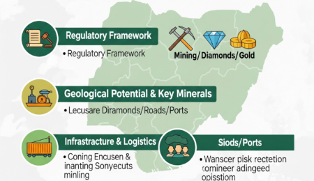 This infographic provides a clear guide on the essential information foreign investors need to know to successfully navigate the Nigerian mining landscape. An infographic outlining five crucial factors for foreign investors in the Nigerian mining industry, including regulatory framework, geological potential, infrastructure, community engagement, and risk assessment.