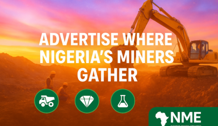 Nigerian Mineral Exchange helps equipment suppliers, service providers, and event organizers reach miners directly. Mining equipment at a Nigerian site with overlay text “Advertise Where Nigeria’s Miners Gather” by Nigerian Mineral Exchange