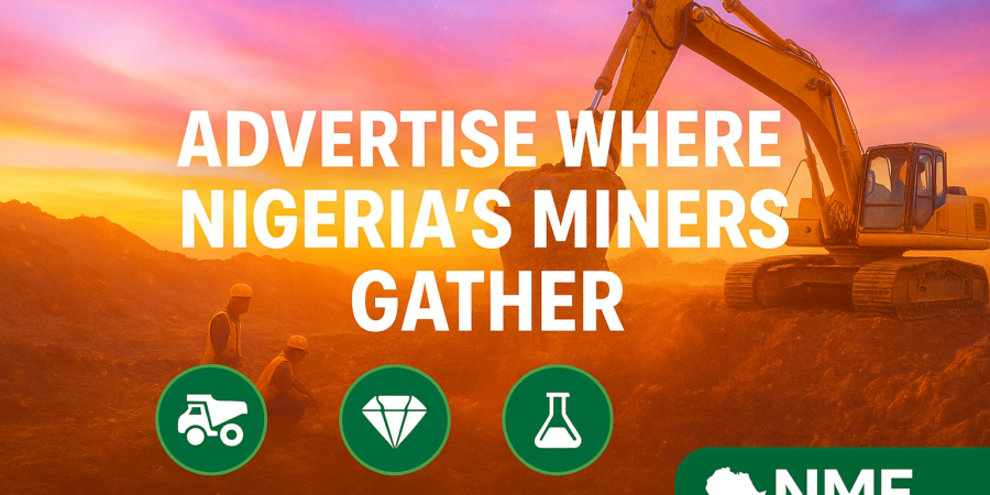 Mining equipment at a Nigerian site with overlay text “Advertise Where Nigeria’s Miners Gather” by Nigerian Mineral Exchange