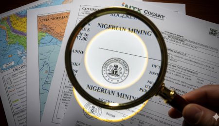 A magnifying glass is held over a stack of official-looking mining documents, including permits and financial statements, with a focused beam of light highlighting details to represent due diligence and the smart review of investment opportunities.