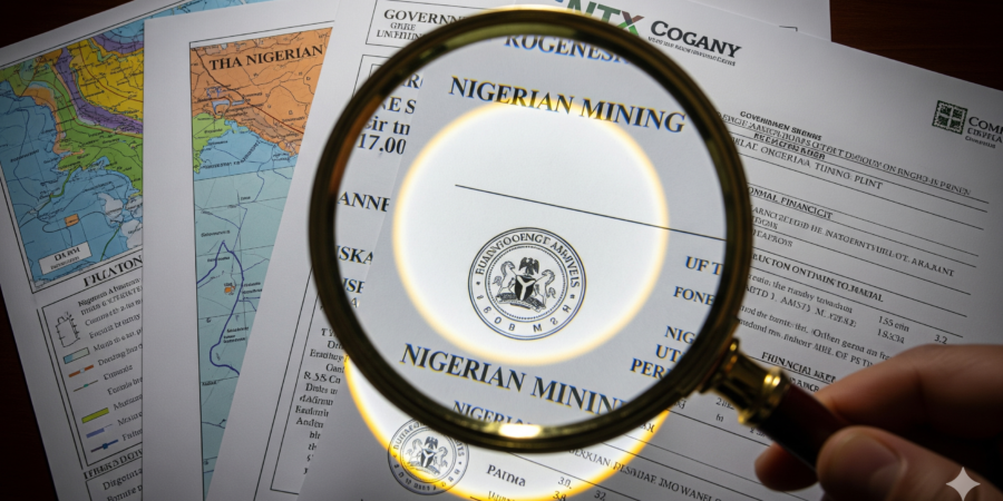 A magnifying glass is held over a stack of official-looking mining documents, including permits and financial statements, with a focused beam of light highlighting details to represent due diligence and the smart review of investment opportunities.