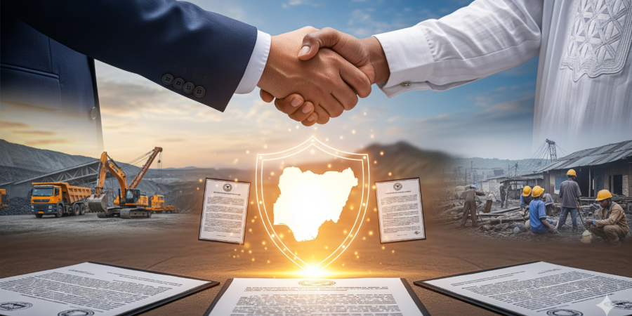 A symbolic image showing a firm handshake between a foreign investor and a local Nigerian representative over a glowing shield, with legal documents and a mining site in the background, representing a secure and trustworthy partnership.