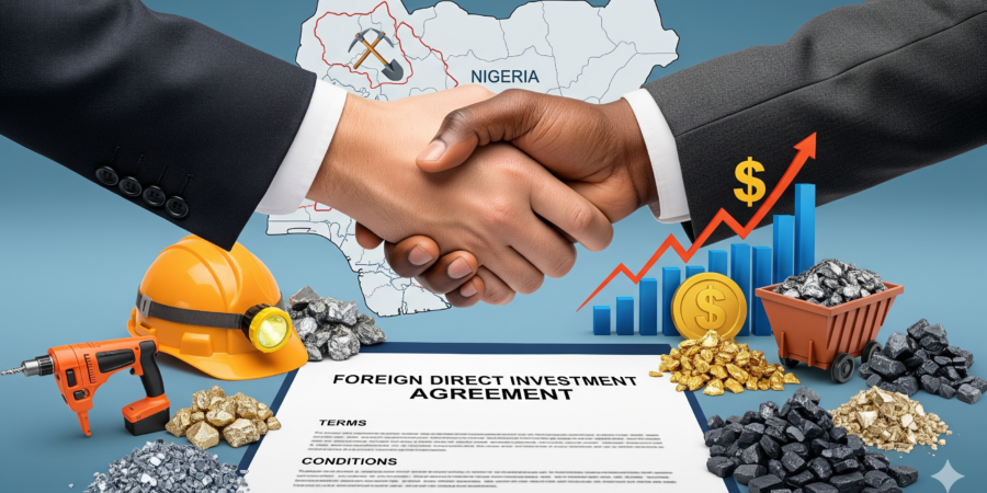 A symbolic image showing a handshake over a business agreement document, with a map of Nigeria and a growth chart in the background, representing successful foreign direct investment and partnerships in the Nigerian mining industry.