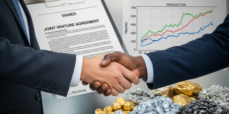 A symbolic image showing a firm handshake between a foreign investor and a Nigerian mining executive, with a joint venture agreement, a mining chart, and a pile of minerals in the background, representing a profitable partnership.