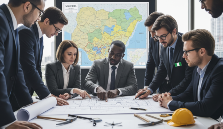 A symbolic image showing a diverse group of investors and entrepreneurs collaborating on a blueprint for a new mining business in Nigeria, with a map of the country in the background. The image represents the planning and guidance needed for new ventures.