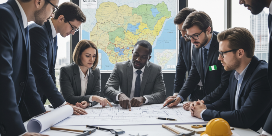 This image visually encapsulates the strategic planning and collaboration required to successfully start a mining business in Nigeria. A symbolic image showing a diverse group of investors and entrepreneurs collaborating on a blueprint for a new mining business in Nigeria, with a map of the country in the background. The image represents the planning and guidance needed for new ventures.