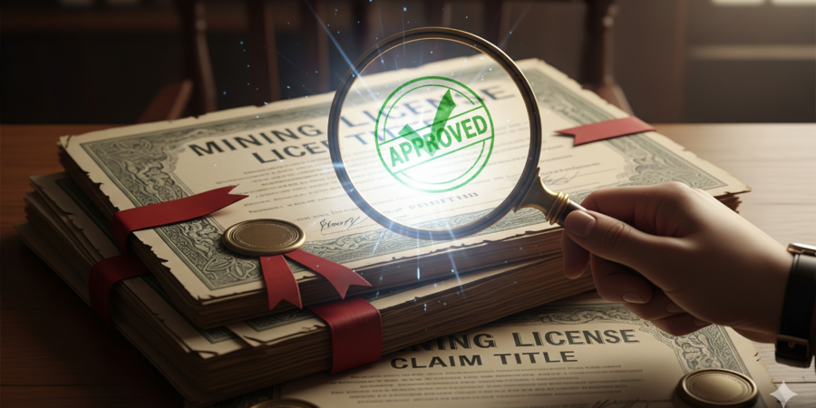 A symbolic image of a hand holding a magnifying glass over official-looking mining licenses and titles, with a glowing verification stamp on the top document to represent the process of due diligence and verification.