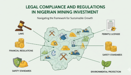Navigating the legal framework is a key step for sustainable and successful investments in Nigeria's mining industry. A graphic illustrating legal and regulatory compliance in Nigerian mining, with a map of Nigeria surrounded by icons representing laws, permits, financial regulations, and environmental protection.