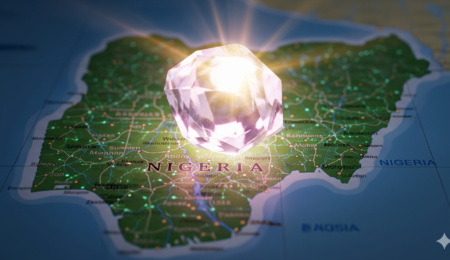 A visual representation of the immense potential and new opportunities that lithium presents for investors in Nigeria's mining sector. A symbolic image showing a glowing, vibrant lithium crystal placed on a map of Nigeria, representing the country as a new and promising frontier for mining investors.
