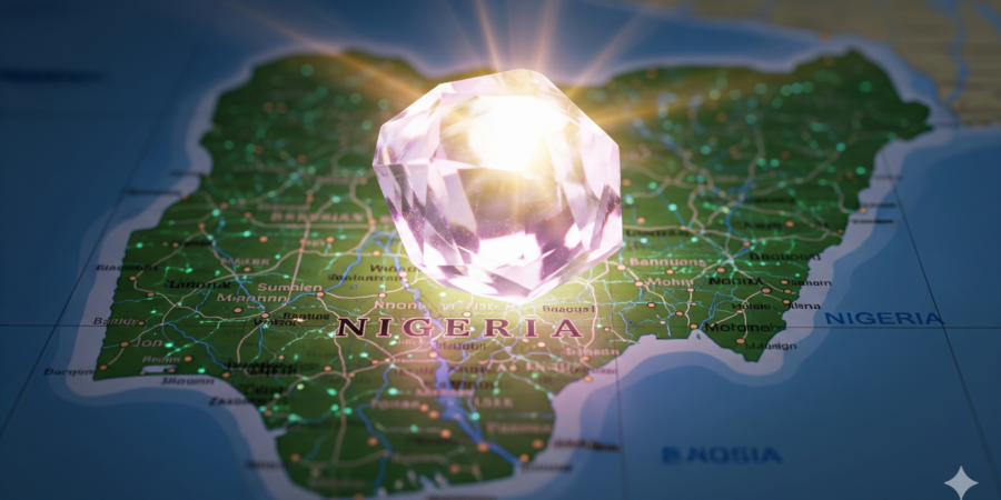 A symbolic image showing a glowing, vibrant lithium crystal placed on a map of Nigeria, representing the country as a new and promising frontier for mining investors.