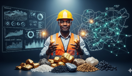 Successful investments in Nigerian mining are driven by local partnerships, leveraging invaluable knowledge, contacts, and on-the-ground experience. symbolic image showing a Nigerian mining expert as a central figure, surrounded by interconnected visuals of a network map, a blueprint with data charts, and a pile of minerals, signifying the value of local knowledge, contacts, and experience.