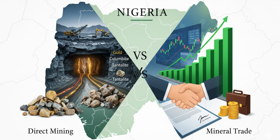 A symbolic image contrasting two investment paths in Nigeria: one with a mining site and raw minerals, and the other with a growth chart, contract, and handshake, representing the choice between direct mining and mineral trade.
