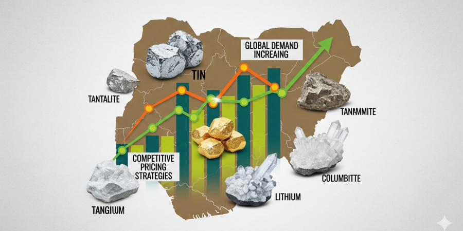 A symbolic infographic showing a growth chart overlaid on a map of Nigeria, with text about demand and pricing, and various minerals scattered around the map.