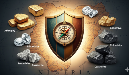 This image visually represents the secure and guided path for investors to access the rich mineral wealth of Nigeria. A symbolic image featuring a glowing shield and a navigator's compass placed on a vintage map of Nigeria, with various minerals scattered around, representing a secure and guided entry into the country's mineral wealth.