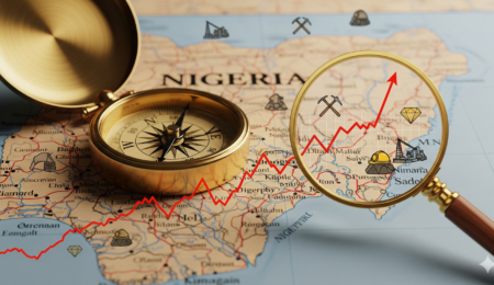 Navigate the path to successful and profitable mining investments in Nigeria, from initial discovery to thorough due diligence. A symbolic image featuring a navigator's compass and a magnifying glass on a map of Nigeria, with mining symbols and a growth chart, representing the guided journey from mineral discovery to profitable ventures.