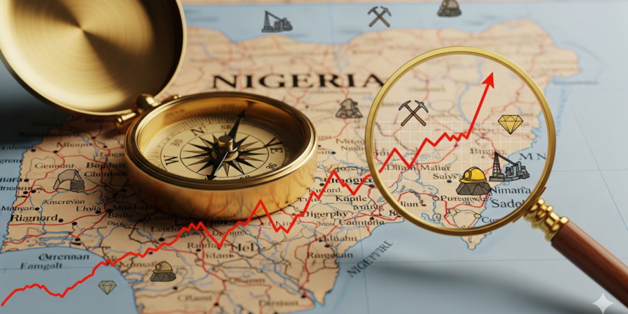 Navigate the path to successful and profitable mining investments in Nigeria, from initial discovery to thorough due diligence. A symbolic image featuring a navigator's compass and a magnifying glass on a map of Nigeria, with mining symbols and a growth chart, representing the guided journey from mineral discovery to profitable ventures.