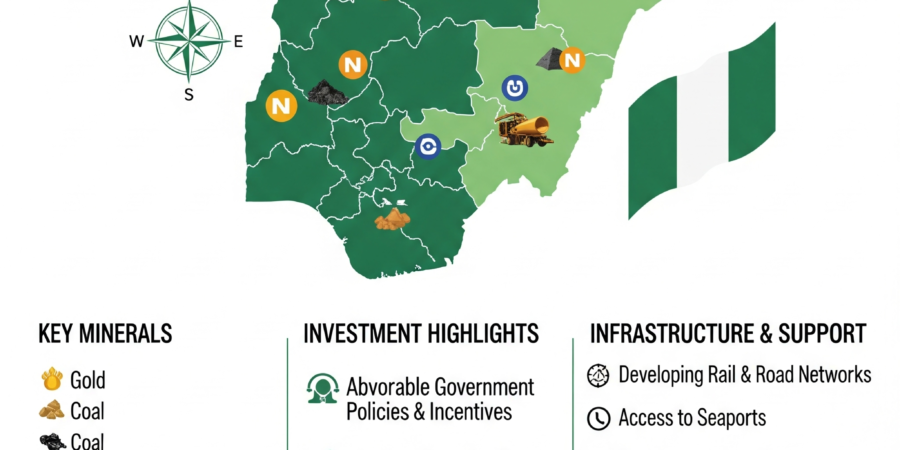 An infographic detailing key investment opportunities in the Nigerian mining sector, featuring a map of the country with mineral symbols and sections on favorable government policies, growing demand, and supporting infrastructure.