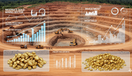 This image visually represents the immense opportunities for global investors within Nigeria's thriving gold mining sector. A professional, slightly futuristic image of a gold mine in Nigeria, with excavators and miners, overlaid with holographic financial graphs and charts to represent investment opportunities and growth projections.