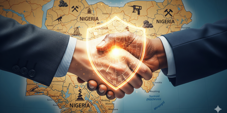 A visual metaphor for the trust and security that define international investment in Nigeria's mining industry. A symbolic image showing a handshake between two people, one light-skinned and one dark-skinned, over a glowing shield, with a map of Nigeria in the background. The image represents a secure and trustworthy partnership for international investment in Nigeria's mining sector.