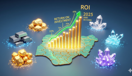 This image visually represents the projected growth and profitable returns that investors can expect in Nigeria's mining industry in 2025 and beyond. A symbolic image showing a glowing, upward-trending ROI chart emerging from a map of Nigeria, surrounded by various minerals like gold and lithium, representing future profitability and investor returns.