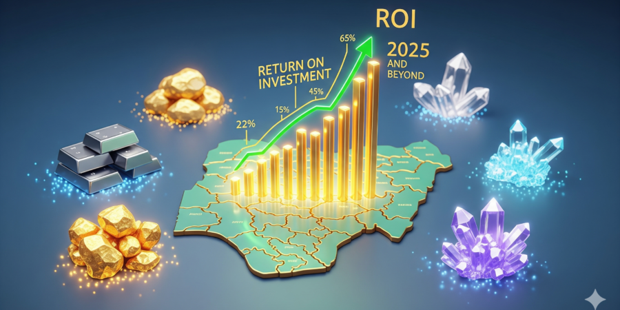 A symbolic image showing a glowing, upward-trending ROI chart emerging from a map of Nigeria, surrounded by various minerals like gold and lithium, representing future profitability and investor returns.