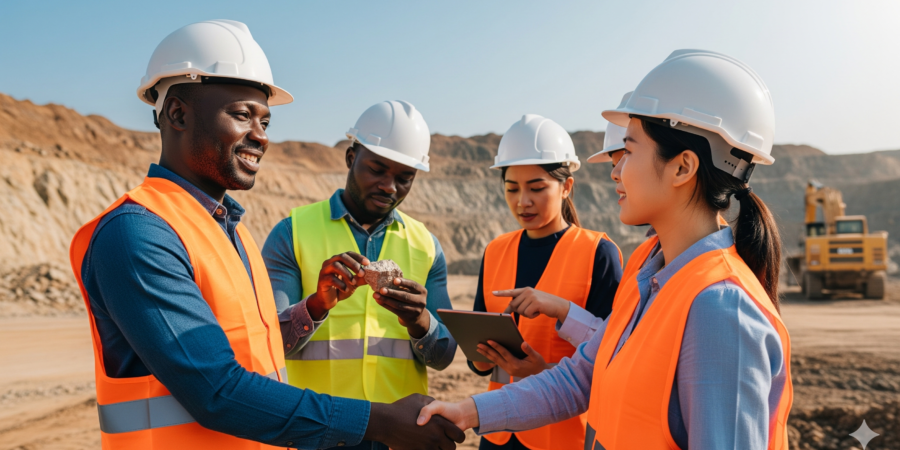 A diverse group of professionals are conducting due diligence at a Nigerian mining site. The image shows a handshake between two people, symbolizing a successful partnership, while others examine rock samples and review documents on a tablet, representing hands-on verification.
