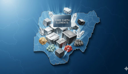 A visual representation of the rich, untapped investment opportunities in Nigeria's rare earths, lead, and industrial minerals sectors. A symbolic image showing clusters of rare earth elements, lead, and other industrial minerals emerging from a stylized map of Nigeria, representing untapped investment opportunities in the country.