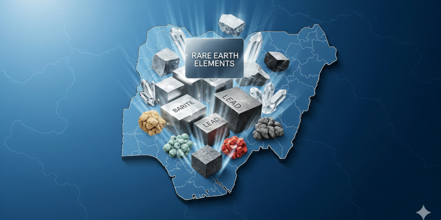 A symbolic image showing clusters of rare earth elements, lead, and other industrial minerals emerging from a stylized map of Nigeria, representing untapped investment opportunities in the country.