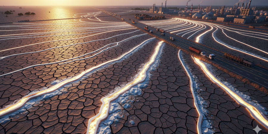 A powerful conceptual image showing cracked, arid earth glowing with raw gypsum and limestone, from which energy lines lead to a modern industrial city under a rising sun, symbolizing Yobe State's mineral wealth and economic growth.