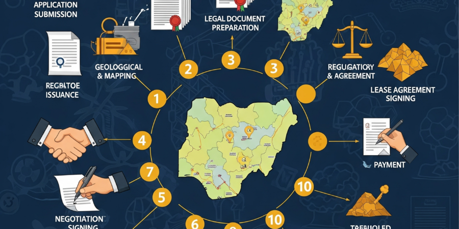 Visualizing the path to ownership. This 10-step guide illustrates the process of how to legally acquire a mining lease in Nigeria. An infographic depicting the 10-step process of acquiring a mining lease in Nigeria, from application to successful acquisition.